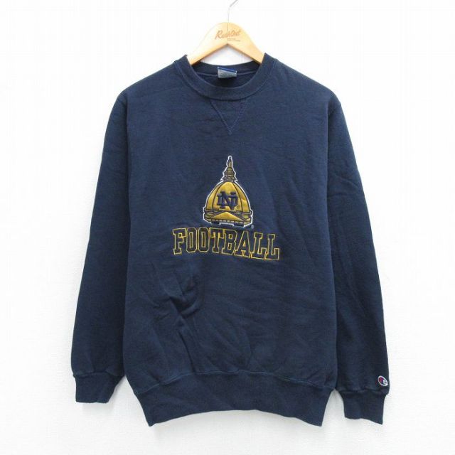 M★古着 チャンピオン champion 長袖 スウェット メンズ 90年代 90s ノートルダム フットボール クルーネック USA製 紺 ネイビー 【spe】 25sep06 中古 スエット トレーナー トップス