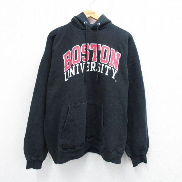 XL★古着 長袖 スウェット パーカー メンズ ボストン 大学 大きいサイズ 黒 ブラック 25sep06 中古 スエット トレーナー トップス