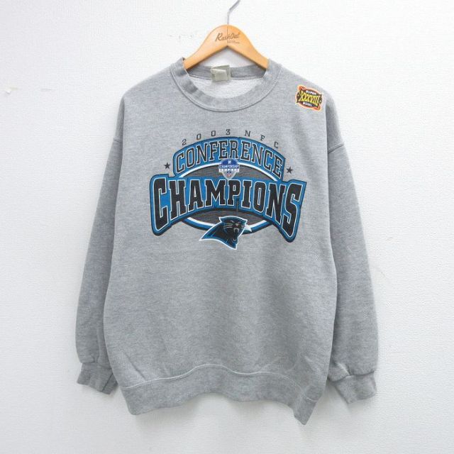 L★古着 リー Lee 長袖 スウェット メンズ 00年代 00s NFL カロライナパンサーズ クルーネック グレー 霜降り アメフト スーパーボウル 25sep06 中古 スエット トレーナー トップス