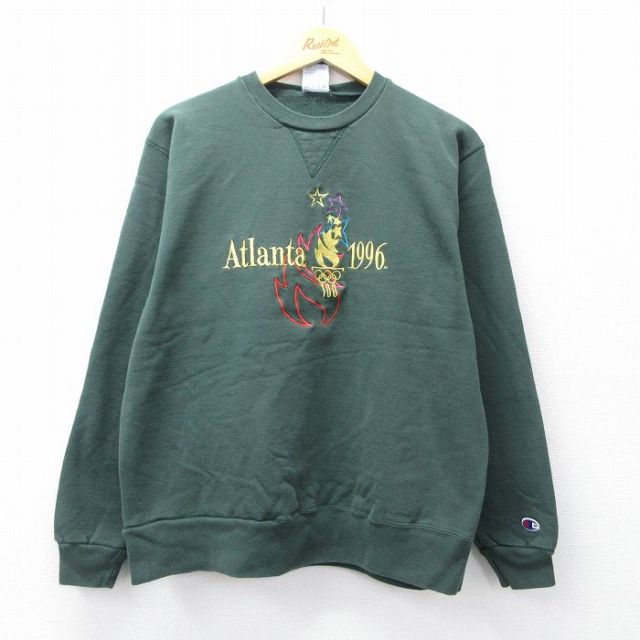 L★古着 チャンピオン champion 長袖 スウェット メンズ 90年代 90s アトランタ オリンピック 刺繍 クルーネック 緑 グリーン 【spe】 25sep06 中古 スエット トレーナー トップス