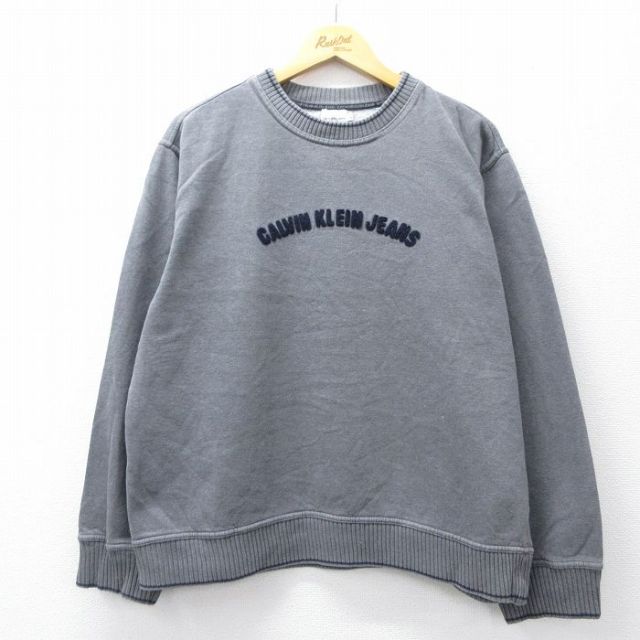 XL★古着 カルバンクライン Calvin Klein 長袖 スウェット メンズ ビッグロゴ クルーネック グレー 25sep06 中古 スエット トレーナー トップス
