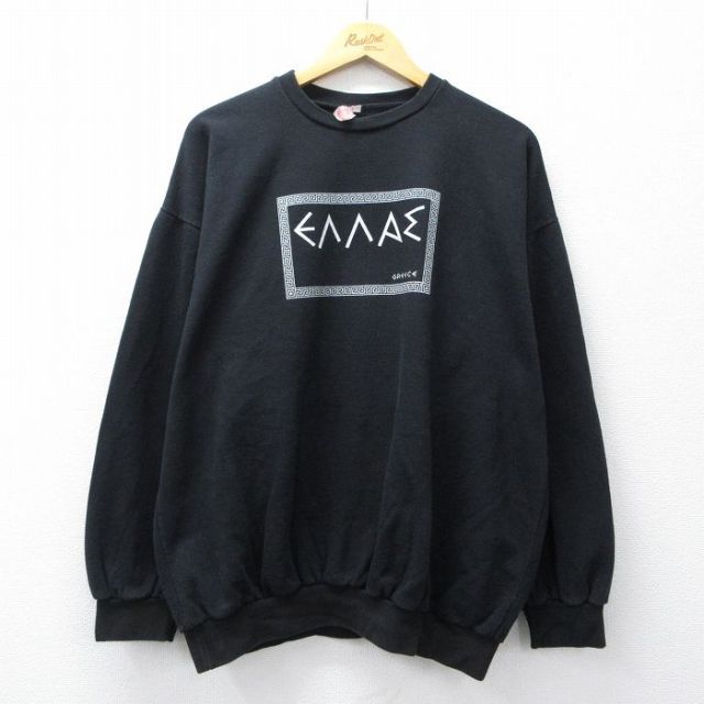 XL★古着 長袖 スウェット メンズ 90年代 90s エラス コットン クルーネック 黒 ブラック 25sep06 中古 スエット トレーナー トップス