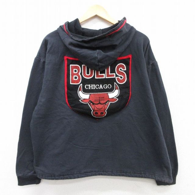 XL★古着 長袖 スウェット パーカー メンズ 90年代 90s NBA シカゴブルズ USA製 黒他 ブラック バスケットボール 【spe】 25sep08 中古 スエット トレーナー トップス