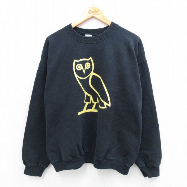 XL★古着 長袖 スウェット メンズ 00年代 00s フクロウ クルーネック 黒 ブラック 25sep08 中古 スエット トレーナー トップス