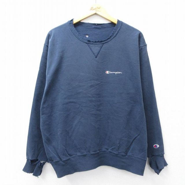 XL★古着 チャンピオン champion 長袖 スウェット メンズ ワンポイントロゴ ボロ クルーネック 紺 ネイビー 25sep08 中古 スエット トレーナー トップス