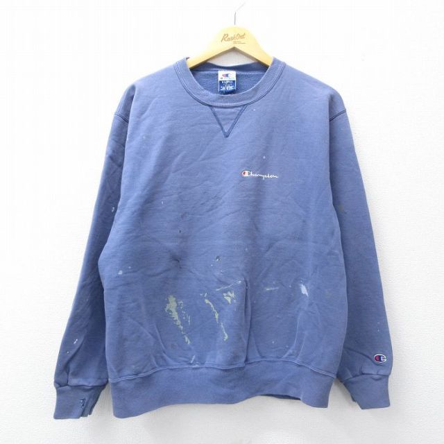 XL★古着 チャンピオン champion 長袖 スウェット メンズ 90年代 90s ワンポイントロゴ クルーネック 薄紺 ネイビー 【spe】 25sep08 中古 スエット トレーナー トップス