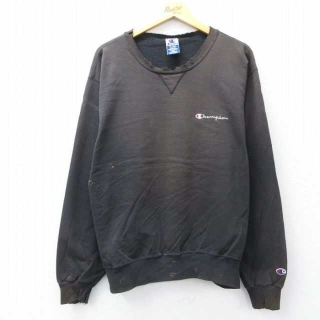 XL★古着 チャンピオン champion 長袖 スウェット メンズ 90年代 90s ワンポイントロゴ ボロ 大きいサイズ クルーネック 黒 ブラック 【spe】 25sep08 中古 スエット トレーナー トップス