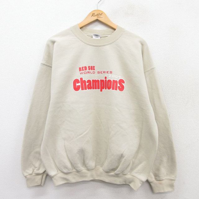 L★古着 長袖 スウェット メンズ 00年代 00s MLB ボストンレッドソックス クルーネック ベージュ カーキ メジャーリーグ ベースボール 野球 25sep09 中古 スエット トレーナー トップス