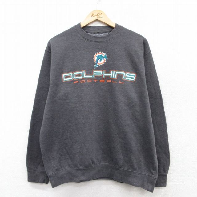 XL★古着 長袖 スウェット メンズ NFL マイアミドルフィンズ クルーネック 濃グレー 霜降り アメフト スーパーボウル 25sep10 中古 スエット トレーナー トップス