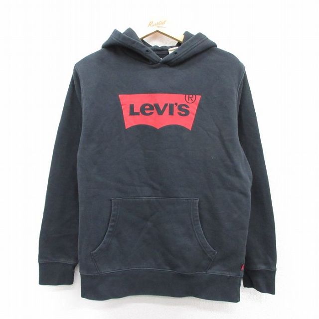 M★古着 リーバイス Levis 長袖 スウェット パーカー メンズ ビッグロゴ 黒 ブラック 25sep10 中古 スエット トレーナー トップス