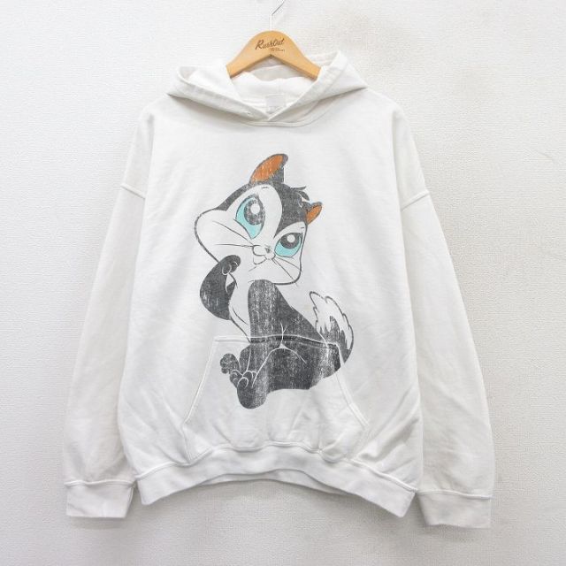 XL★古着 長袖 スウェット パーカー メンズ ルーニーテューンズ LOONEY TUNES プッシーフット 大きいサイズ 白 ホワイト 25sep10 中古 スエット トレーナー トップス