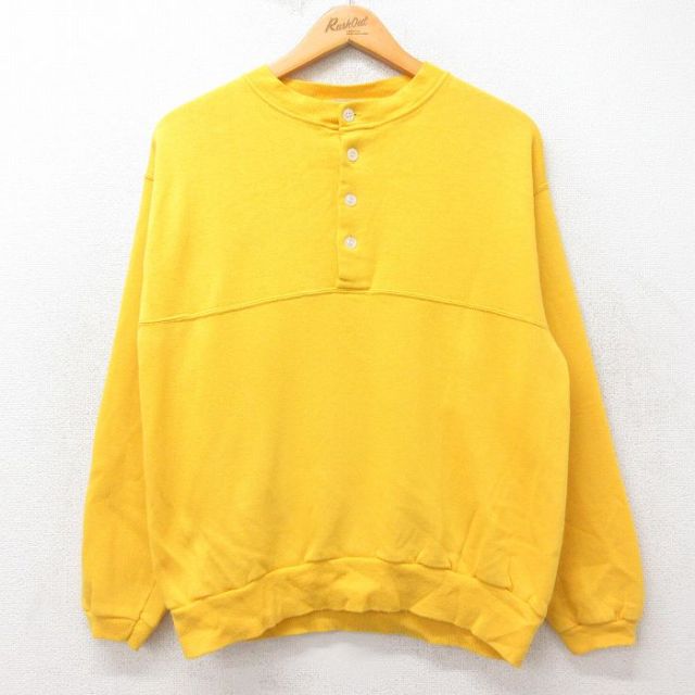 M★古着 長袖 スウェット メンズ 80年代 80s 無地 ヘンリーネック USA製 黄 イエロー 25sep12 中古 スエット トレーナー トップス