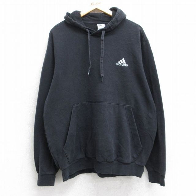 XL★古着 アディダス adidas 長袖 スウェット パーカー メンズ ワンポイントロゴ 黒 ブラック 25sep12 中古 スエット トレーナー トップス
