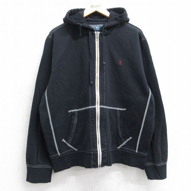 XL★古着 ラルフローレン Ralph Lauren 長袖 ブランド スウェット フルジップ パーカー メンズ 90年代 90s ワンポイントロゴ 黒 ブラック 【spe】 25sep12 中古 スエット トレーナー トップス