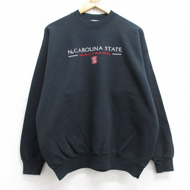 L★古着 ヘインズ Hanes 長袖 スウェット メンズ 00年代 00s ノースカロライナ ウルフパック 刺繍 クルーネック 黒 ブラック 25sep12 中古 スエット トレーナー トップス