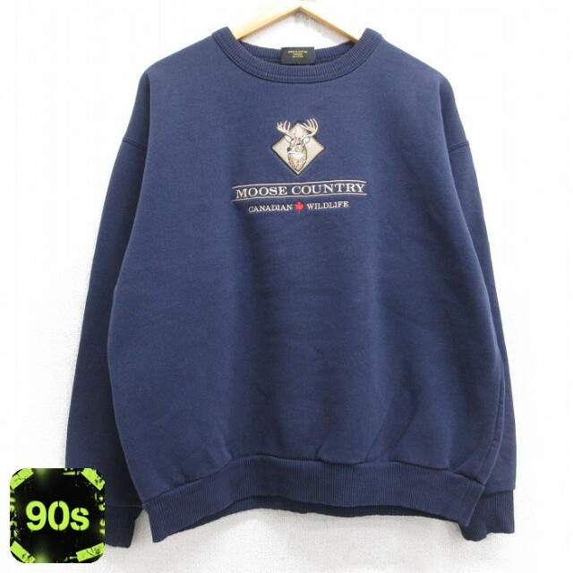 カナダ製 90s 長袖スウェット シカ刺繍 ネイビー XL | 古着