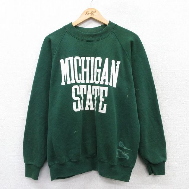 L★古着 長袖 スウェット メンズ 80年代 80s ミシガン ラグラン クルーネック USA製 緑 グリーン 25sep13 中古 スエット トレーナー トップス