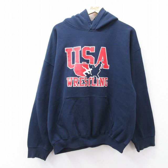 XL★古着 長袖 スウェット パーカー メンズ USAロゴ レスリング 紺 ネイビー 25sep13 中古 スエット トレーナー トップス
