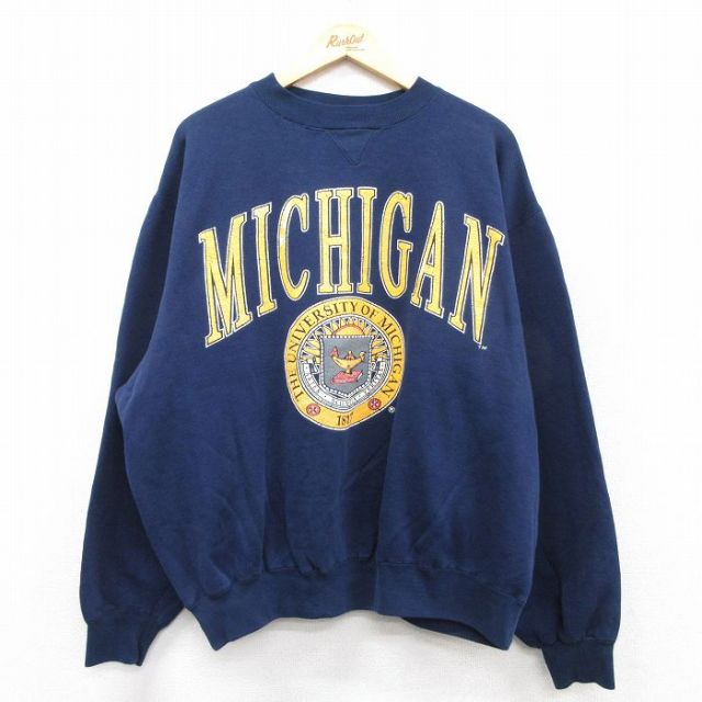 XL★古着 長袖 スウェット メンズ 90年代 90s ミシガン カレッジ 大きいサイズ クルーネック 紺 ネイビー 【spe】 25sep13 中古 スエット トレーナー トップス