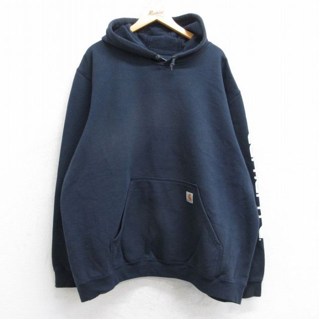 XL★古着 カーハート Carhartt 長袖 スウェット パーカー メンズ ビッグロゴ 大きいサイズ 濃紺 ネイビー 25sep16 中古 スエット トレーナー トップス