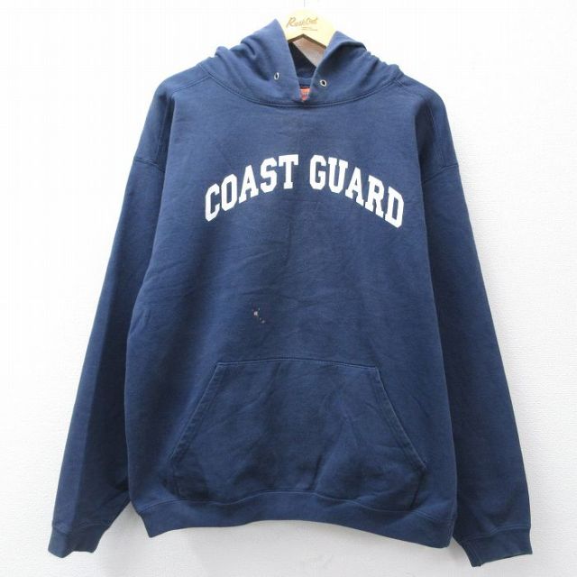 XL★古着 長袖 スウェット パーカー メンズ ミリタリー コーストガード USA製 紺 ネイビー 25sep16 中古 スエット トレーナー トップス