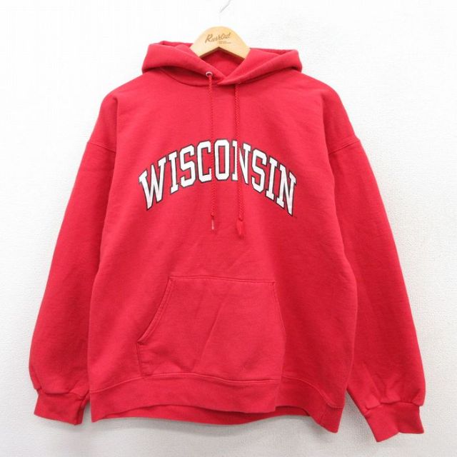 L★古着 ヘインズ Hanes 長袖 スウェット パーカー メンズ 00年代 00s WISCONSIN 赤 レッド 25sep16 中古 スエット トレーナー トップス