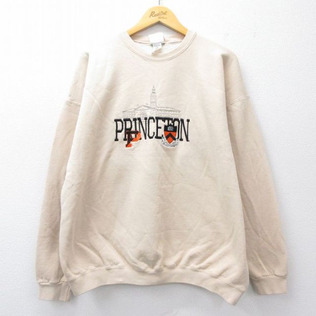 XL★古着 長袖 スウェット メンズ 90年代 90s PRINCETON 刺繍 大きいサイズ クルーネック USA製 ベージュ カーキ 【spe】 25sep17 中古 スエット トレーナー トップス