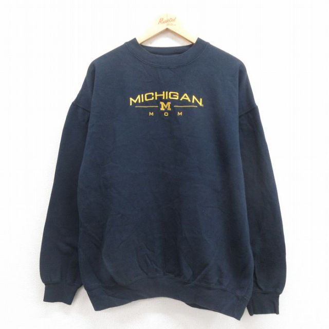 XL★古着 長袖 スウェット メンズ 00年代 00s ミシガン 刺繍 大きいサイズ クルーネック 紺 ネイビー 25sep17 中古 スエット トレーナー トップス
