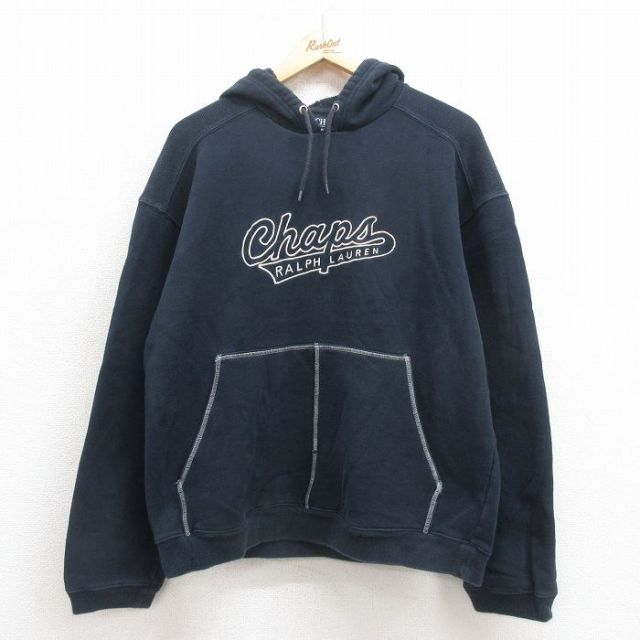 L★古着 ラルフローレン Ralph Lauren チャップス 長袖 ブランド スウェット パーカー メンズ 90年代 90s ビッグロゴ 刺繍 紺 ネイビー 【spe】 25sep17 中古 スエット トレーナー トップス