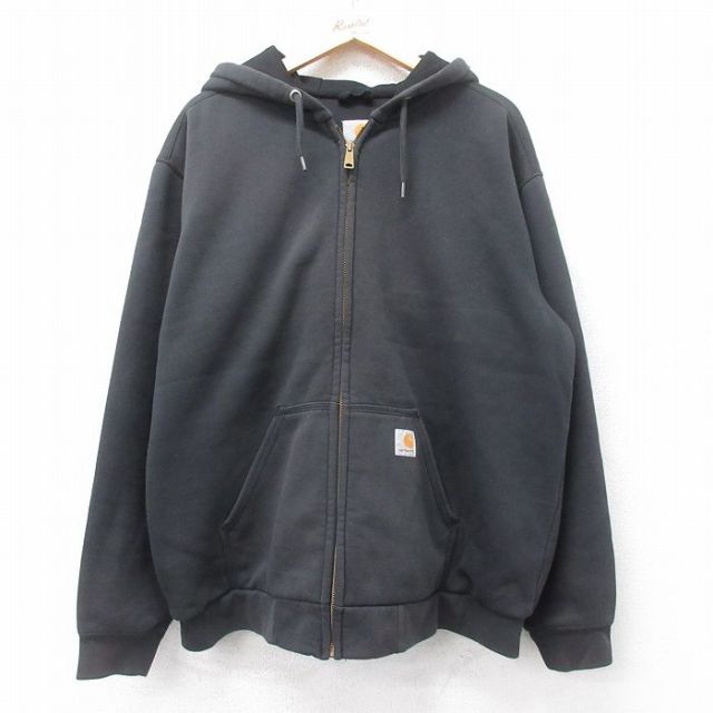 XL★古着 カーハート Carhartt 長袖 フルジップ スウェット パーカー メンズ ワンポイントロゴ 大きいサイズ 黒 ブラック 内側サーマル 【spe】 25sep17 中古 スエット トレーナー トップス