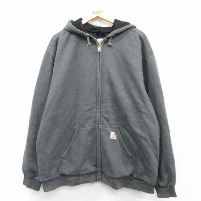 XL★古着 カーハート Carhartt 長袖 フルジップ スウェット パーカー メンズ ワンポイントロゴ 大きいサイズ 濃グレー 内側サーマル 【spe】 25sep17 中古 スエット トレーナー トップス