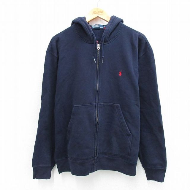 XL★古着 ラルフローレン Ralph Lauren 長袖 ブランド フルジップ スウェット パーカー メンズ 90年代 90s ワンポイントロゴ 大きいサイズ 紺 ネイビー 25sep18 中古 スエット トレーナー トップス