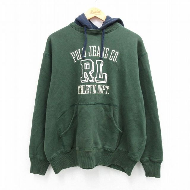 【20%OFF】XL★古着 ラルフローレン Ralph Lauren ポロジーンズ 長袖 スウェット パーカー メンズ 00年代 00s ビッグロゴ 刺繍 大きいサイズ クルーネック 緑 グリーン 【spe】 25sep18 中古 スエット トレーナー トップス