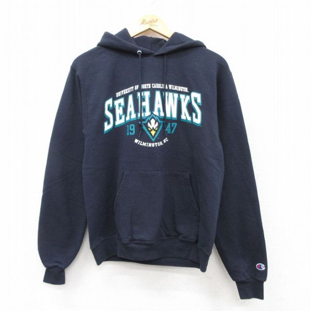 S★古着 チャンピオン champion 長袖 スウェット パーカー メンズ SEAHAWKS 紺 ネイビー 25sep19 中古 スエット トレーナー トップス
