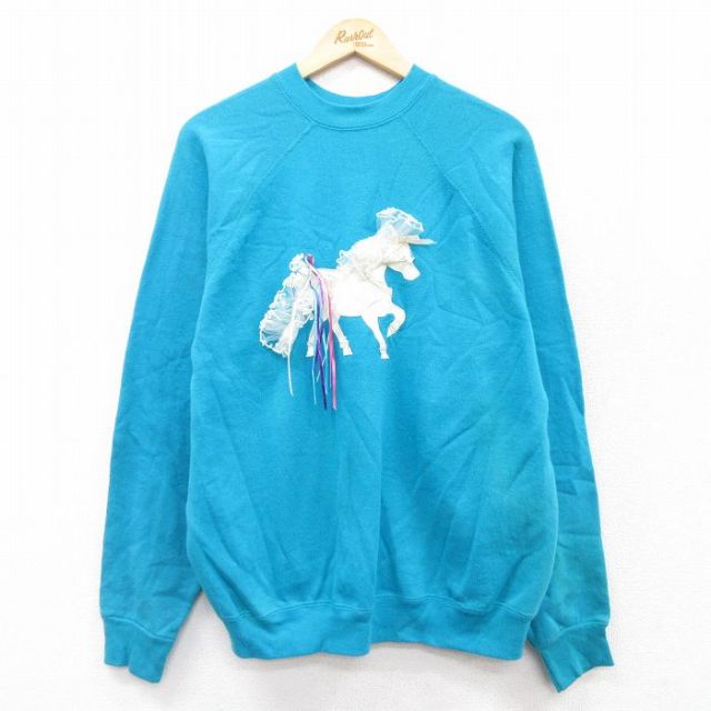 XL★古着 TULTEX 長袖 スウェット メンズ 80年代 80s 馬 ラグラン クルーネック USA製 水色 25sep19 中古 スエット トレーナー トップス