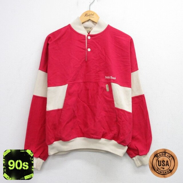 90s ヘンリーネック長袖トップス Pebble Beach ツートンカラー レッド M | 古着