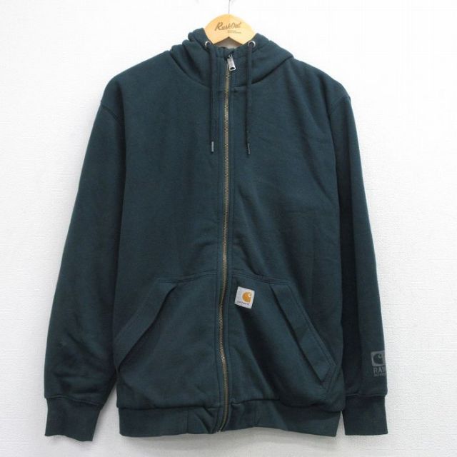 L★古着 カーハート Carhartt 長袖 フルジップ スウェット パーカー メンズ ワンポイントロゴ 緑系 グリーン 内側サーマル 【spe】 25sep19 中古 スエット トレーナー トップス