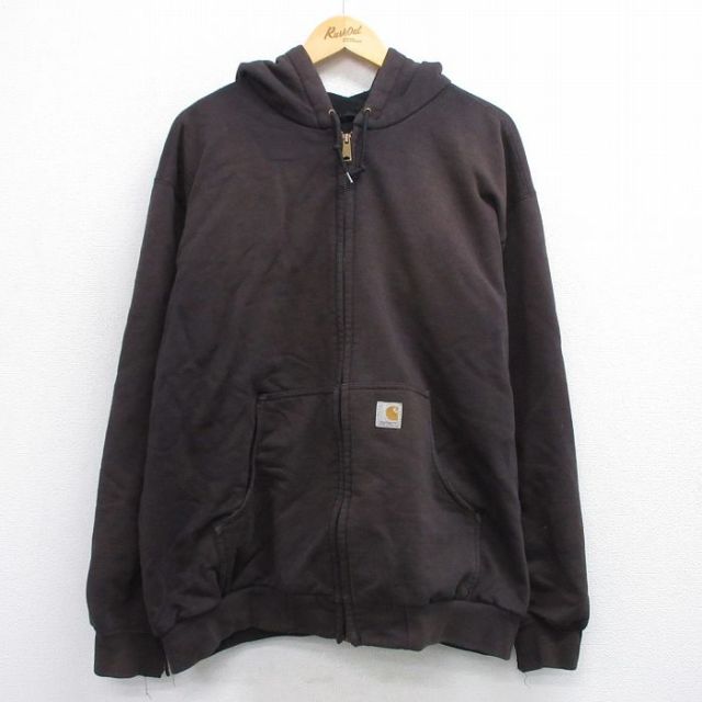 XL★古着 カーハート Carhartt 長袖 フルジップ スウェット パーカー メンズ ワンポイントロゴ 大きいサイズ 茶 ブラウン 内側サーマル 【spe】 25sep19 中古 スエット トレーナー トップス
