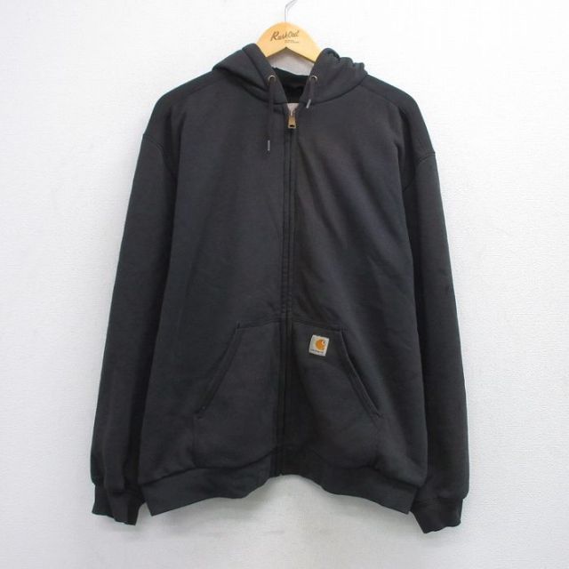 XL★古着 カーハート Carhartt 長袖 フルジップ スウェット パーカー メンズ ワンポイントロゴ 大きいサイズ 黒 ブラック 【spe】 25sep19 中古 スエット トレーナー トップス