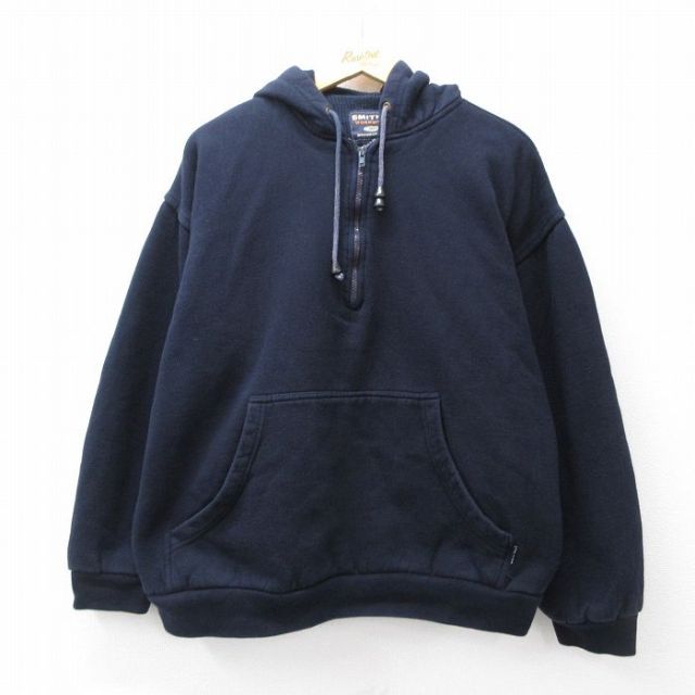 XL★古着 長袖 ハーフジップ スウェット パーカー メンズ 無地 大きいサイズ 濃紺 ネイビー 内側サーマル 25sep19 中古 スエット トレーナー トップス