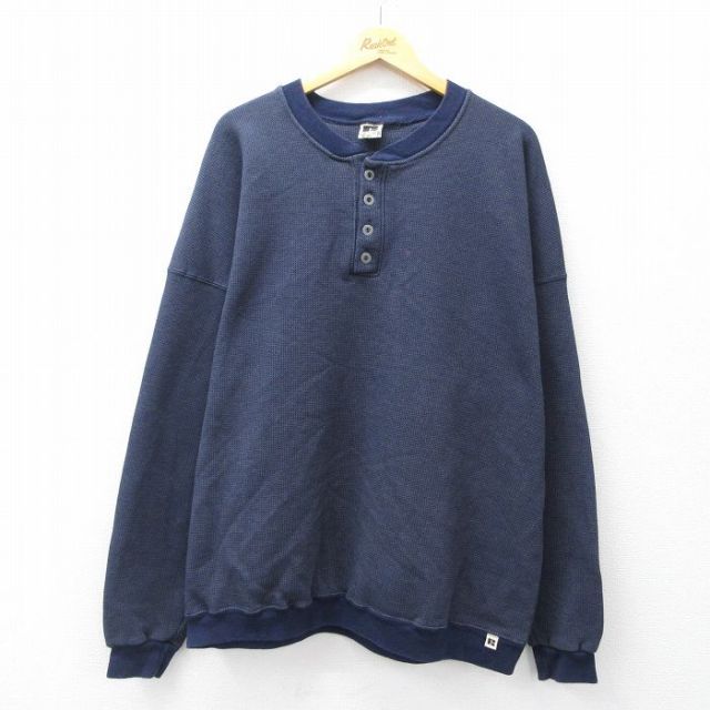 XL★古着 ラッセル 長袖 スウェット メンズ 90年代 90s 無地 大きいサイズ ヘンリーネック USA製 濃紺 ネイビー 【spe】 25sep19 中古 スエット トレーナー トップス