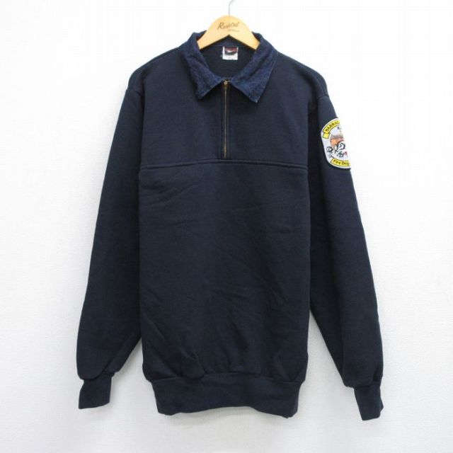 XL★古着 長袖 ハーフジップ スウェット メンズ 90年代 90s ワッペン 肘当て 襟デニム 大きいサイズ ロング丈 USA製 濃紺 ネイビー 25sep24 中古 スエット トレーナー トップス