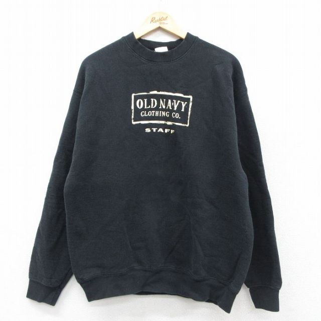 L★古着 オールドネイビー OLD NAVY 長袖 スウェット メンズ 90年代 90s ビッグロゴ スタッフ クルーネック USA製 黒 ブラック 【spe】 25sep20 中古 スエット トレーナー トップス