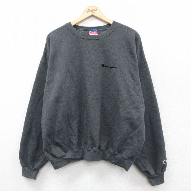 XL★古着 チャンピオン champion 長袖 スウェット メンズ 00年代 00s ワンポイントロゴ 大きいサイズ クルーネック 濃グレー 霜降り 25sep20 中古 スエット トレーナー トップス