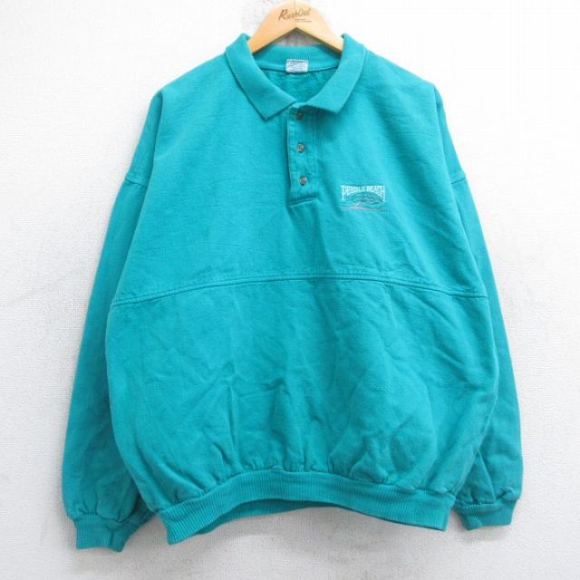 XL★古着 crazyshirts 長袖 トップス メンズ 90年代 90s ペブルビーチ 襟付き 大きいサイズ コットン USA製 青緑 25sep22 中古 スエット トレーナー