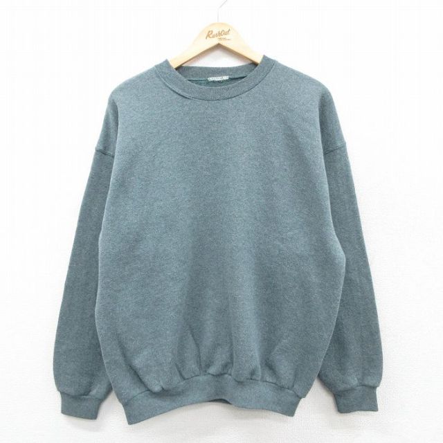 XL★古着 長袖 スウェット メンズ 90年代 90s 無地 クルーネック 緑 グリーン 霜降り 25sep24 中古 スエット トレーナー トップス