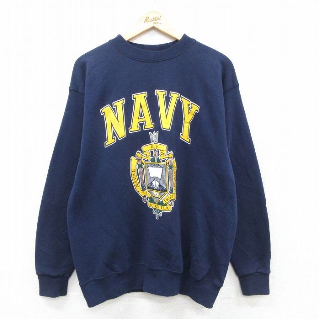 L★古着 長袖 スウェット メンズ ミリタリー ネイビー NAVY クルーネック 紺 【spe】 25sep24 中古 スエット トレーナー トップス
