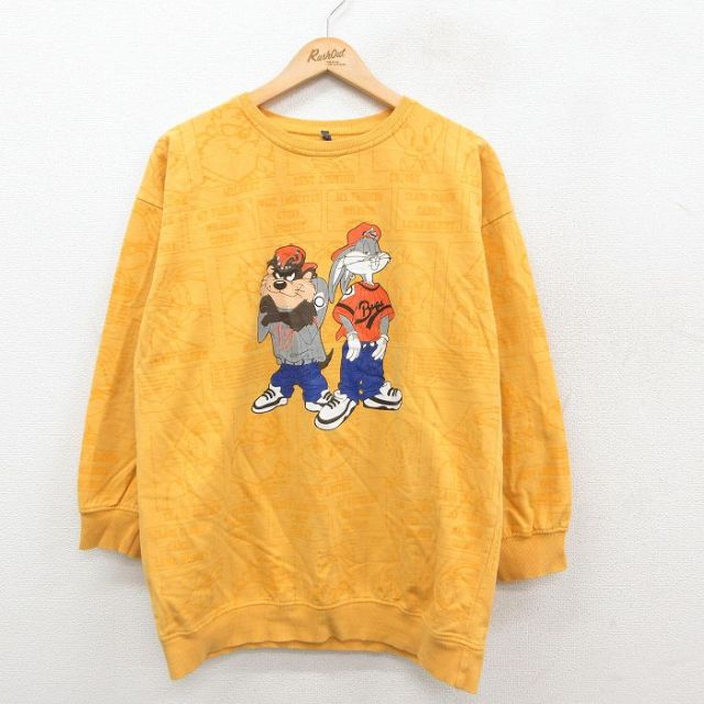 L★古着 長袖 スウェット メンズ ルーニーテューンズ LOONEY TUNES タズ バッグスバニー クルーネック 黄 イエロー 25sep24 中古 スエット トレーナー トップス