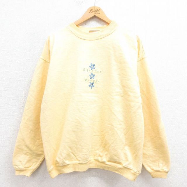 L★古着 長袖 スウェット メンズ 90年代 90s 花 刺繍 コットン クルーネック USA製 黄色 イエロー 25sep24 中古 スエット トレーナー トップス