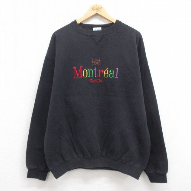 XL★古着 長袖 スウェット メンズ 90年代 90s モントリオール 刺繍 クルーネック カナダ製 黒 ブラック 25sep24 中古 スエット トレーナー トップス